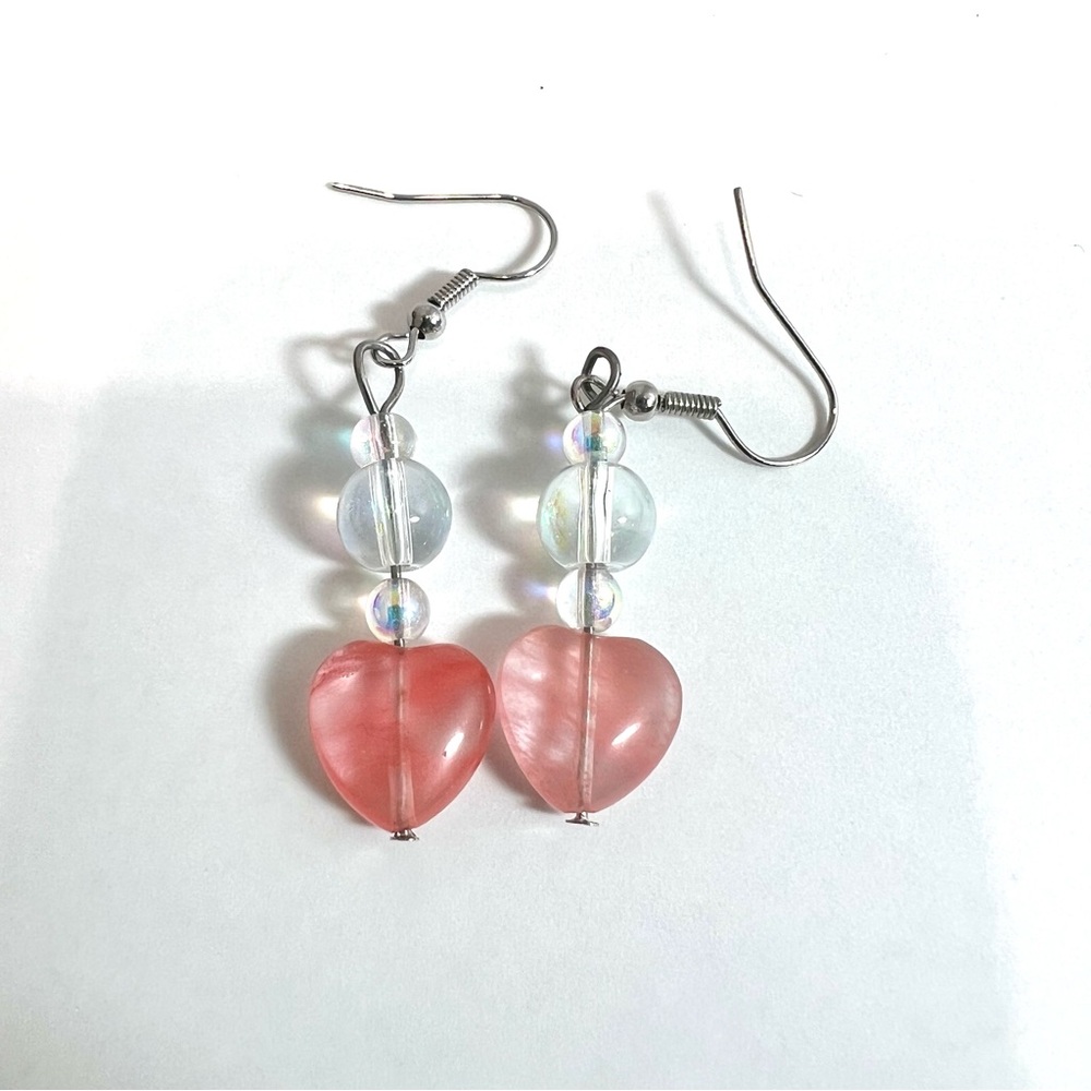 Strawberry Quartz Crystal Stone & Iridescent Glass Bead Handmade Earrings